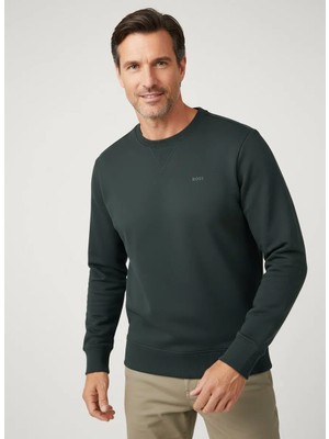 Boss Erkek Normal Kesim Yuvarlak Yakalı Pamuklu Havlu Kumaş Uzun Kollu Yeşil Sweatshirt 50546387-348