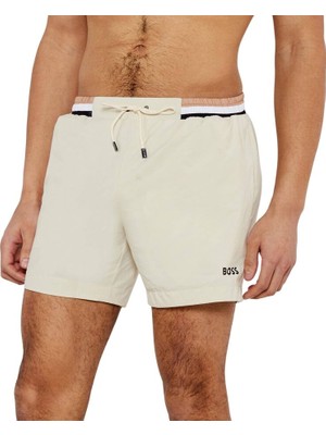 Boss Erkek Logolu Beli Lastikli Yüksek Bel Slim Fit Krem Deniz Şortu 50469324-274