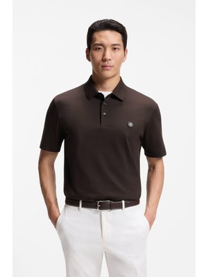 Boss Erkek Monogram Logo Kabartmalı Normal Kalıp Yumuşak Pamuklu Kısa Kollu Kahverengi Polo Yaka T-Shirt 50555829-207