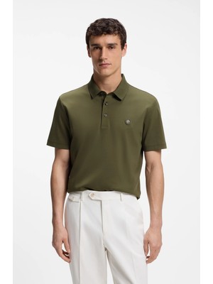 Boss Erkek Monogram Logo Kabartmalı Normal Kalıp Yumuşak Pamuklu Kısa Kollu Haki Polo Yaka T-Shirt 50555829-347