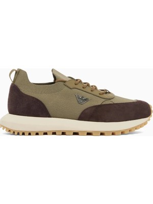 Emporio Armani Erkek Örme ve Süet Detaylı Burunlu Kartal Logolu Yuvarlak Haki Sneaker EM003739 AF19724-MZ783