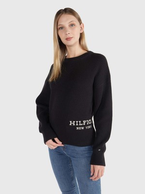 Tommy Hilfiger Kadın Logolu Yuvarlak Yakalı Uzun Kollu Günlük Kullanım Siyah Kazak WW0WW40989-BDS