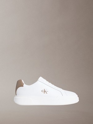 Calvin Klein Erkek Logo Kabartmalı Düşük Bilekli %100 Deri Beyaz-Kahverengi Sneaker YM0YM01344-05O