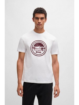 Boss Erkek Porsche Logolu Pamuklu Beyaz T-Shirt 50522795-100