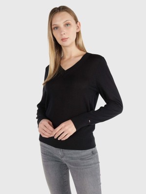 Tommy Hilfiger Kadın V Yaka Uzun Kollu Siyah Kazak WW0WW40665-BDS