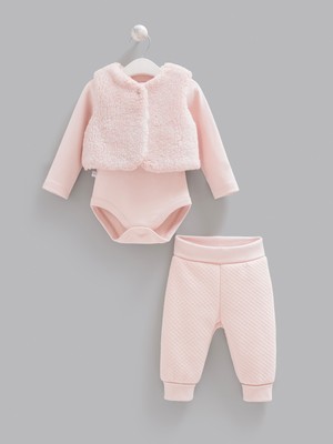 Caramell Kız Bebek 3'lü Takımı Pembe Peluş Yelekli Kapitone Altlı Uzun Kollu Body 3'lü Bebek Takımı