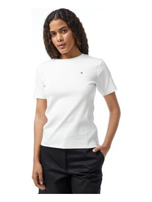 Tommy Hilfiger Kadın %100 Pamuklu Logo Detaylı Bisiklet Yaka Kısa Kollu Beyaz T-Shirt WW0WW40587-YBL