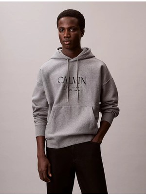 Calvin Klein Erkek Kapüşonlu Yaka Calvin Yazı Desen Uzun Kol Cep Detay Gri Sweatshirt LV04RE207G-P7E