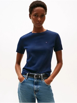 Tommy Hilfiger Kadın %100 Pamuklu Logo Detaylı Bisiklet Yaka Kısa Kollu Mavi T-Shirt WW0WW40587-C1G