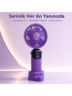 Mkio Şarjlı El Vantilatörü 5 Kademeli, Katlanabilir Dijital Ekranlı Mini El Fanı, 1200 Mah, 5 Pervaneli Güçlü Hava Akışı, Standlı Masaüstü Fan, USB Şarjlı - Mor