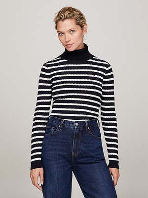 Tommy Hilfiger Kadın Örme Desenli Boğazlı Uzun Kol Günlük Kullanım Siyah-Beyaz Kazak WW0WW40678-0A8