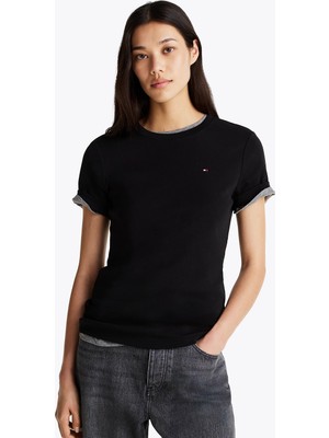 Tommy Hilfiger Kadın %100 Pamuklu Logo Detaylı Bisiklet Yaka Kısa Kollu Siyah T-Shirt WW0WW40587-BDS
