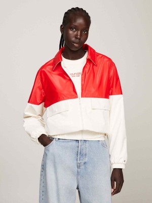 Tommy Hilfiger Kadın Uzun Kollu Fermuarlı Marka Logolu Beyaz-Kırmızı Ceket WW0WW40472-0K9