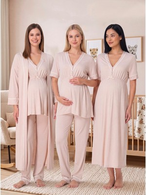 Lohussa Kadın Bej Tasarım Kısa Kol Pamuklu Hamile Lohusa Sabahlık Pijama Takımı Gecelik 4'lü Set