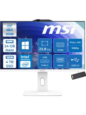 MSI Msı Pro AP242P 14M-1201EU Intel Core I5-14400 Upto 4,7 Ghz 24GB Ddr5 4tb SSD 1920×1080 (Fhd 23.8″ıps Beyaz WIN11HOME Allınone Bilgisayar 1201EUH10+ZETTAUSBBELLEK