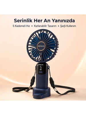 Mkio Şarjlı El Vantilatörü 5 Kademeli, Katlanabilir Dijital Ekranlı Mini El Fanı, 1200 Mah, 5 Pervaneli Güçlü Hava Akışı, Standlı Masaüstü Fan, USB Şarjlı - Lacivert