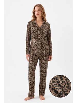 Fames Kadın Mevsimlik Süet Uzun Kol Leopar Pijama Takımı