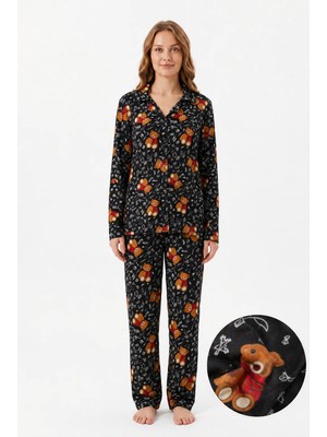 Fames Kadın Mevsimlik Süet Uzun Kol Ayıcık Desen Pijama Takımı