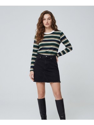 Blouse Çizgili Biskilet Yaka Uzun Kollu Kadın T-Shirt