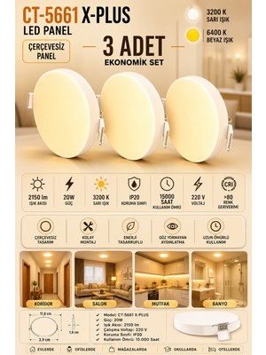 Yenilig 3 Adet CT-5661 X-Plus 20W Çerçevesiz LED Panel Sıva Altı Spot