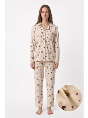 Fames Kadın Mevsimlik Süet Uzun Kol Ayıcık Desen Pijama Takımı