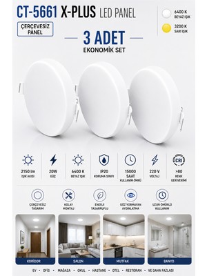 Yenilig 3 Adet CT-5661 X-Plus 20W Çerçevesiz LED Panel Sıva Altı Spot