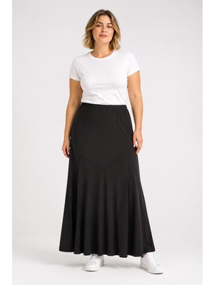 Bihan Store Yüksek Bel Panelli Dökümlü Sandy Kumaş Maxi Etek Y26-90980-SIYAH