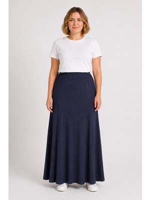 Bihan Store Yüksek Bel Sandy Kumaş Panelli Dökümlü Battal Boy Maxi Etek Y26-90980-LACIVERT