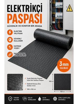 Nublado Elektirikçi Paspası 100X100 cm 3 mm Siyah Kaymaz Izole Kauçuk Pano Önü Matı