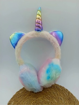 My World Life Lüks Peluş Tüylü Pastel Gökkuşağı Simli Unicorn Boynuzlu Kulaklık Çocuk Kulaklığı
