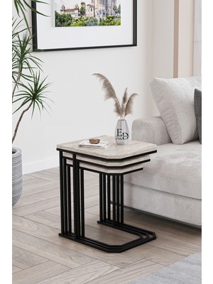 ED Efelez Design Lyon 3'lü C Zigon Sehpa Siyah Metal -Traverten Tabla