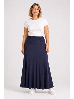 Bihan Store Yüksek Bel Panelli Dökümlü Sandy Kumaş Maxi Etek Y26-90980-LACIVERT