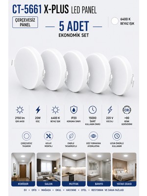 Yenilig 5 Adet CT-5661 X-Plus 20W Çerçevesiz LED Panel Sıva Altı Spot