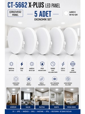 Yenilig 5 Adet CT-5662 X-Plus 25W Çerçevesiz LED Panel Sıva Altı Spot
