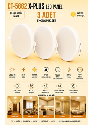 Yenilig 3 Adet CT-5662 X-Plus 25W Çerçevesiz LED Panel Sıva Altı Spot