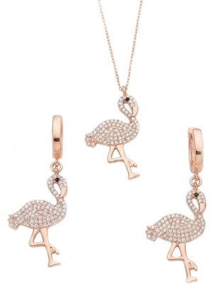 Pigado 925 Ayar Gümüş Flamingo Kadın Kolye Küpe Seti