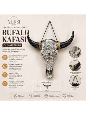 Mersi Shop Dekoratif Polyester Bufalo Kafası Duvar Süsü Asmalı Boynuzlu Duvar Dekoru Salon Ofis 23X27 cm