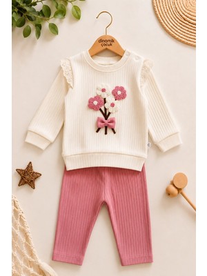 Dinamik çocuk Kız Bebek Süzene Papatyalı Fiyonklu 2li Alt Üst Takım - Fitilli 2iplik Mevsimlik 3-6-9-12AY