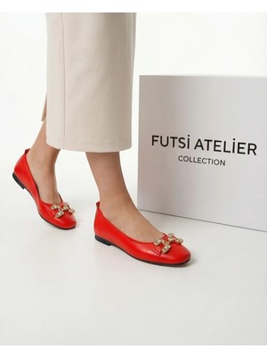 Futsi Shoes Mıstral Kırmızı Hakiki Deri Taş Aksesuar Detaylı Kadın Babet Ayakkabı