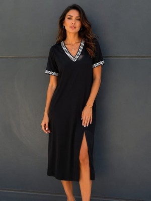 Beruflic Kadın Kısa Kollu V Yakalı Yırtmaçlı Midi Boy Viskon Elbise