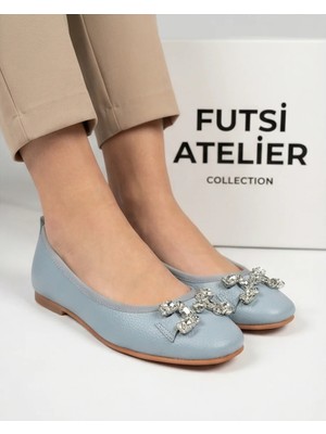 Futsi Shoes Mıstral Mavi Hakiki Deri Taş Aksesuar Detaylı Kadın Babet Ayakkabı
