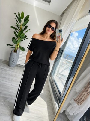 Beruflic Kadın Tek Omuzdan Açık Yan Şerit Detaylı Viskon Iki Iplik Bluz ve Pantolon Ikili Takım