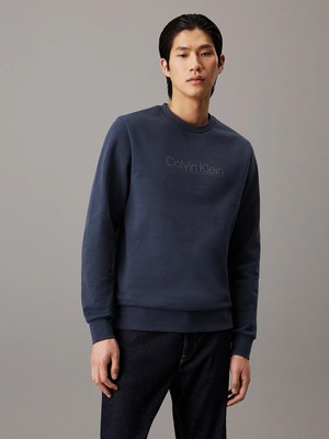 Calvin Klein Erkek Marka Logolu Uzun Kollu Bisiklet Yaka Günlük Mavi Sweatshirt K10K113573-PPK