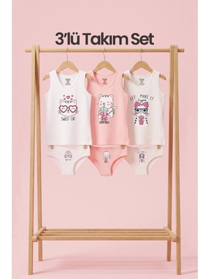 Öts Kız Çocuk 3'lü Pamuklu Atlet Boxer, Külot Takım Renkli Premium Günlük Kullanım (K500)
