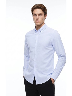 Altınyıldız Classics Mavi Erkek Düğmeli Tailored Fit Çizgili Gömlek ACE201262278