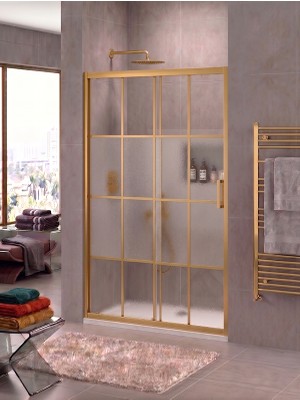 Waterline Ön Cephe 1 Sabit 1 Kayar Gold Profil Karolaj Desen Ortası Buzlu 5 mm Temperli Cam H190 cm