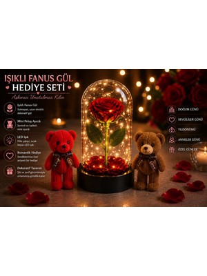 Home Dekor Hediye LED Işıklı Mika Fanus Solmayan Yapay Kırmızı Gül & 2 Mini Peluş Ayıcık Sevgiliye Romantik Hediye Set