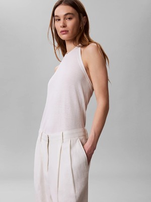 Calvin Klein Kadın / Kız Krem Calvin Klein Lınen Blend Wıde Leg, Yas Krem Kadın Pantolon