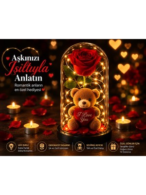 Home Dekor Hediye LED Işıklı Fanusta Yapay Gül ve Lüks Peluş Ayıcık Dekoratif Romantik Sevgililer Günü Hediyesi 20 cm
