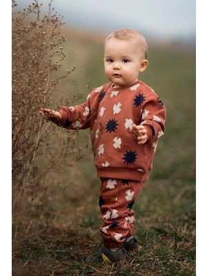 Antebies Organik Gots Sertifikalı Gün Batımı Kuş & Güneş Desenli, Uzun Kollu, Ribanalı Sweatshirt, Bel Lastikli Bağcıklı Pantolonlu Bebek Takımı